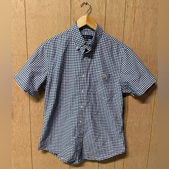 Ralph Lauren Slim Fit Blue White Mirco Check Casual Button Down Shirt Mens Large - Picture 1 of 4